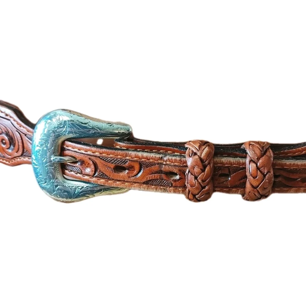 Vtg Nocona Hand Crafted Braided Brown Leather Belt Sz 34 Western Etched Buckle